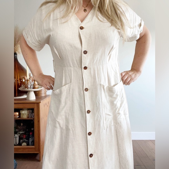 Cream Linen Button Down Dress with Pockets - Picture 7 of 7